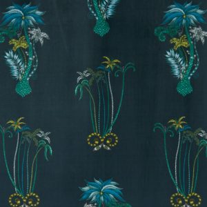 Jungle Palms Navy Velvet E1209-01, velours meubelstof met dierenprint.
