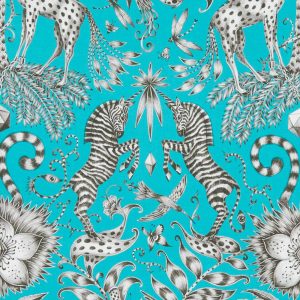 Kruger Teal Velvet E1210-01, velours meubelstof met dierenprint.
