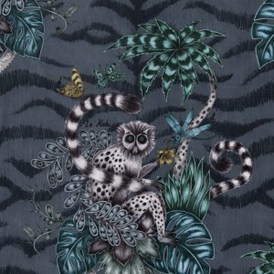 Lemur Navy Velvet E1211-01, velours meubelstof met dierenprint.
